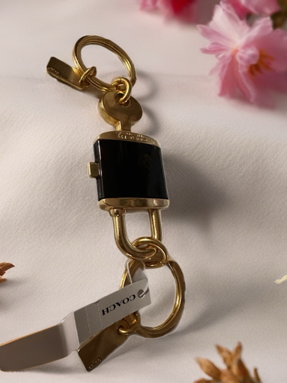 Coach Gold-Tone Key & Card Holder with Black Enamel Detail
